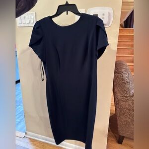 Calvin Klein Navy Blue Sheath Dress Gold Zip Back Size 14